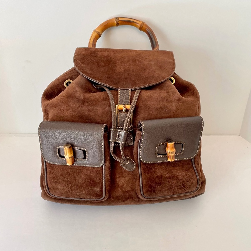 Gucci Chocolate Brown Leather/Suede Backpack/Bag, Bamboo